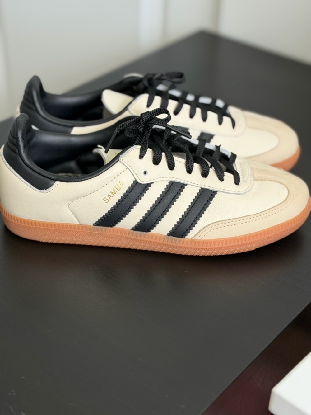 adidas Samba OG Leather Sneaker in Cream with Black Stripes and Gum Sole - Picture 3 of 8